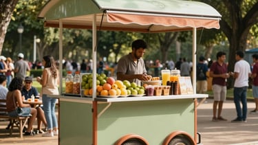 A clean, modern mobile food cart parked in a sunny, tree-lined Brazilian park. The cart is painted in soft green and terracotta colors, featuring fresh fruit and healthy snacks. People in South American casual attire are gathered nearby in a relaxed, communal atmosphere. Bright, warm morning sunlight.