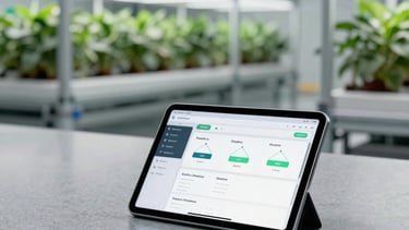 A high-tech, minimalist North American research facility with a view of an automated indoor farm. In the foreground, a sleek digital tablet rests on a polished gray stone surface, displaying a clean supply chain interface. The lighting is soft and professional, using a palette of sage gray and forest green accents.