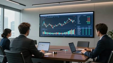 Wide angle view of a modern corporate boardroom in São Paulo, cool natural light, a large digital dashboard displaying cash flow projections on the wall, executive in soft focus.