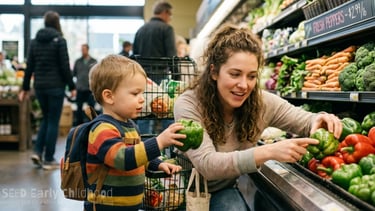 Mother and son at UK supermarket