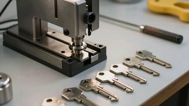 Close-up photography of a professional locksmith workshop in a South American / Brazilian setting. Bright industrial lighting reflects on metallic key-cutting tools and organized rows of blank keys on a light gray workbench. Modern and clean atmosphere.