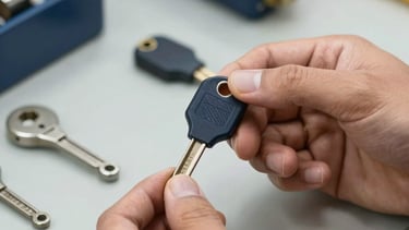 Macro photography of a professional locksmith's hands carefully assembling a modern automotive flip key on a clean workbench. The setting is a professional locksmith shop in a South American / Brazilian city like Guarulhos. The lighting is bright and clean, with a modern and reliable feel. High-quality precision tools are visible in the soft-focus background. The image uses a palette of navy blue and gold.