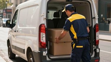 A professional courier in a navy blue and gold yellow uniform loading a delivery van on a clean street in Paris, France. Morning sunlight, modern logistics atmosphere, high-quality professional photography focusing on reliability and efficiency.