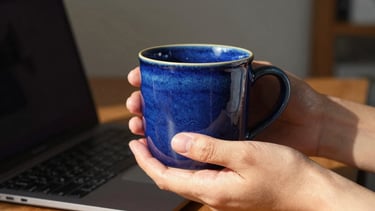 Close-up, intimate medium shot of hands gently cradling a heavy cobalt stoneware mug, direct afternoon sunlight illuminating the textured glaze, cozy work-from-home setting with a laptop faintly visible in the background, shallow depth of field.