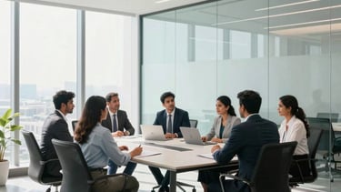 A professional wide-angle photograph of a sleek, modern corporate office in Ahmedabad. The composition shows a minimalist glass-walled meeting room where South Asian / Indian business professionals are collaborating. Bright natural light fills the space. The design is clean and efficient with a color palette of white, light gray, and light blue, reflecting a high-performance marketing agency culture.