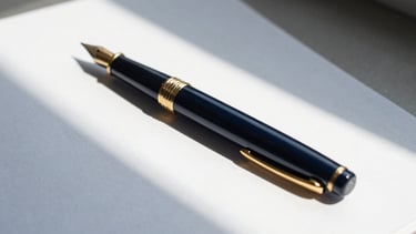 Close-up of a fountain pen resting on a structured contract, sharp geometric shadows, deep navy and gold accents, minimalist professional workspace, 35mm.