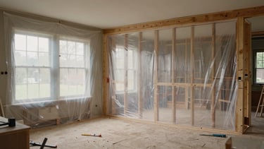 Wide panoramic shot of a clean, active historic home renovation site, showing clear plastic dust-containment walls, exposed timber framing, and tools neatly organized. Soft, diffused natural light from large windows. Muted earthy tones, tactile textures.