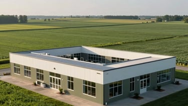 Professional high-angle photography of a clean, modern agricultural business office located in the North American / US Midwest. The background shows vast, productive green fields under a clear morning sky. The lighting is bright and crisp, highlighting a professional and reliable environment with palette colors including muted olive and off-white.