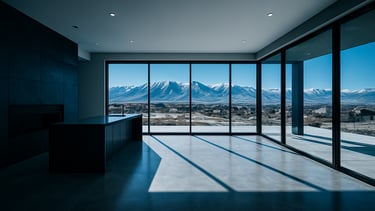 Wide angle shot of a modern Herriman home interior, floor-to-ceiling glass windows framing the Oquirrh Mountains, bright natural sunlight casting soft shadows on clean concrete floors.