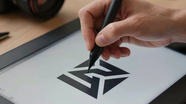 Close-up of a designer's hand using a stylus on a digital drawing tablet, creating a clean geometric logo design in a modern North American studio setting.