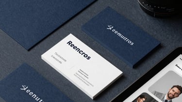 A top-down view of various marketing materials including business cards and a tablet showing social media graphics, all following a consistent dark navy and gray-blue aesthetic.