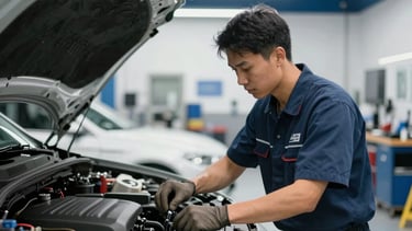Clean, highly organized, and modern auto repair shop interior in North America. A professional mechanic in a neat uniform is working diligently on a vehicle engine. Bright overhead lighting with dark blue and white color palette elements reflecting technical expertise and trustworthiness.