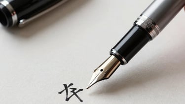 A close-up of a high-end fountain pen writing Japanese calligraphy on textured handmade paper. Minimalist workspace with charcoal and silver accents.
