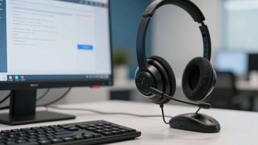 A professional and modern tele-service workstation in a South American Brazilian office. A clean desk with a high-quality headset and a computer screen showing a clear interface. The background is a sophisticated office interior with medium blue accents and soft lighting that conveys reliability and efficiency. High-quality photography, sharp focus.