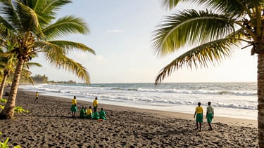 Wide panoramic view of the Limbe volcanic sand beach at golden hour, gentle Atlantic waves, lush green palm trees framing the coast, warm natural light, 35mm