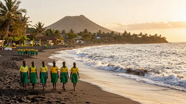 A panoramic view of the Limbe coastal landscape, with Mount Fako in the distance and the Atlantic ocean waves hitting the dark volcanic sand beach under a warm golden sunset.