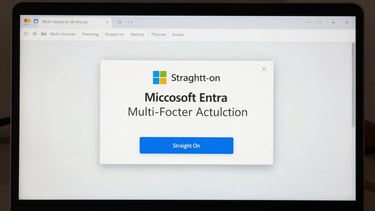 Straight-on technical screenshot of a secure Microsoft Entra multi-factor authentication prompt window overlaying a clean SAP GUI interface, crisp UI elements, neutral lighting.