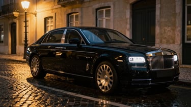 Dramatic low-key night photography of a pristine black executive sedan parked on a wet cobblestone street in Lisbon, glowing streetlamps casting golden reflections on polished chrome, 35mm cinematic luxury.