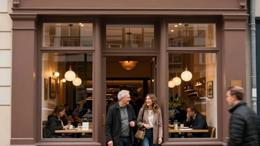 Opening day of a new urban restaurant location in Germany, elegant earthy facade, warm welcoming glow from the windows, happy people arriving.