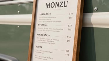 Close-up of a branded wooden menu board on a stylish food truck exterior, showing attention to detail, soft daylight, warm atmosphere.