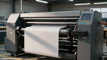 Wide shot of a large eco-solvent wide-format printer running a print job on a production floor, media roll feeding through the machine, operator hand visible at the control panel on the right side, overhead factory lighting casting hard shadows on the machine casing