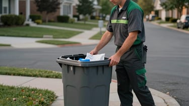 A clean, high-end residential street in a North American Dayton suburb at dusk. A professional service technician in a charcoal and green uniform is returning a sanitized, gleaming trash bin to a neatly maintained driveway. The lighting is cinematic and sharp, emphasizing cleanliness and professional reliability.