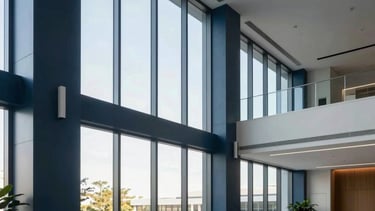 A wide-angle professional photograph of a modern, clean North American corporate lobby with floor-to-ceiling windows. The scene features soft daylight filtering through, highlighting a sophisticated architectural design with dark blue and light blue accents. No people are visible, emphasizing a sense of calm reliability and high-standard excellence.