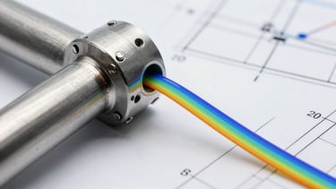 Scientific CFD flow simulation graphic of a pneumatic pipe bend, colored velocity vectors showing smooth laminar flow, high-contrast technical blueprint aesthetic.