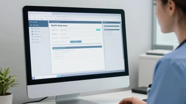 A clean, bright North American / US medical office setting where a healthcare professional is reviewing sophisticated software on a modern computer screen. The workspace is minimalist and professional, featuring a palette of light gray and dark navy, conveying trust, innovation, and efficiency.