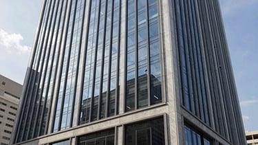 A high-end modern office building in São Paulo, South American architectural style, reflective glass windows, soft daylight, professional and secure atmosphere, incorporating navy blue and silver gray tones in the environment.