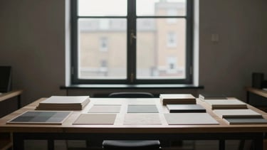 Wide environmental shot of a minimalist London design studio interior, featuring a large drafting table, material samples, and soft natural light from a tall window, deep soft shadows