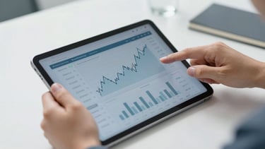 Close-up of hands analyzing financial data on a digital tablet, clean modern workspace, bright natural daylight, cool blue and slate tones, sharp focus, professional corporate setting, 35mm