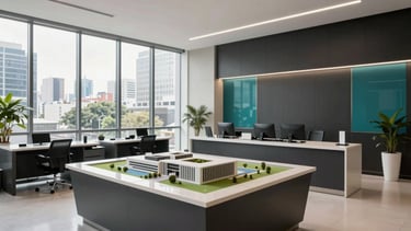 Professional eye-level photography of a modern commercial real estate valuation office in Mexico City. The space features clean lines, architectural models on polished desks, and large floor-to-ceiling windows with urban views. Color palette includes dark slate and teal accents. Professional Latin American / Mexican setting, bright morning light, 8k resolution.