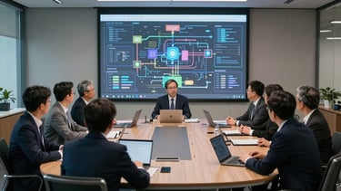 Wide structured environmental shot of a modern corporate war-room, technical consultants meeting clients around a glowing system architecture map.