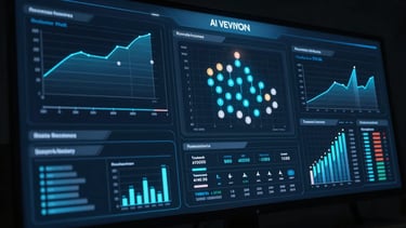 Wide panoramic close-up of a dark AI intelligence dashboard interface, multiple data panels showing revenue prediction curves, customer simulation nodes, and growth forecast metrics, cool blue light emanating from the screen against deep black, ultra-sharp interface detail, studio-lit precision, no people