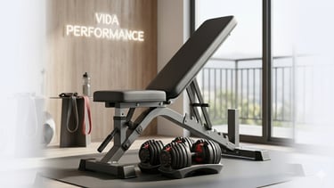 Banco de musculação ajustável e halteres em uma academia residencial moderna.
