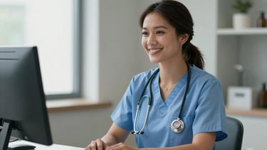 A professional North American nurse wearing light blue scrubs and a warm smile, sitting at a desk in a clean, modern medical office. Soft natural lighting from a window creates a comforting atmosphere of clinical expertise. High-quality photography, sharp focus on the nurse's friendly expression.