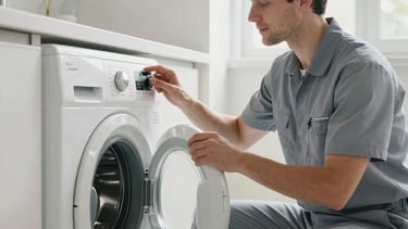 A high-quality photography of a bright, modern Scandinavian-style laundry room in a European / Spanish home. A professional technician in a subtle light navy uniform is speaking politely to a homeowner while inspecting a sleek white washing machine. Soft morning light, natural textures, clean lines. Professional and trustworthy atmosphere.