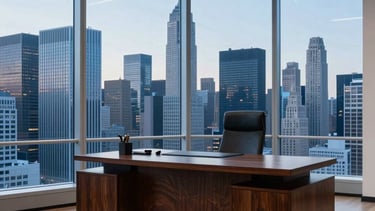 Professional photography of a sophisticated North American / US corporate library in a New York high-rise. The scene features a heavy dark wood desk and floor-to-ceiling windows overlooking a clear metropolitan skyline at twilight. Lighting is bright and crisp, highlighting a palette of pale blue and navy blue.