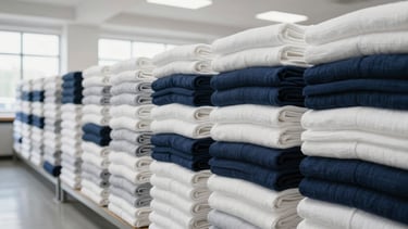 Wide, airy environmental shot of a modern textile facility's storage area, perfectly stacked, neatly folded white and navy blue linen products reaching to the ceiling, soft natural window light illuminating the textures, clean architectural lines, shallow depth of field, sense of order and abundance.