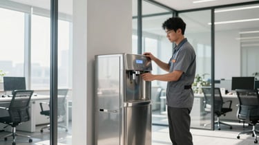 A professional technician in a clean uniform adjusting a sleek stainless steel water dispenser in a modern sunlit corporate breakroom, 35mm lens