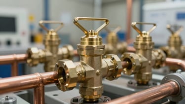 Macro close-up of high-tolerance brass valves and clean runs of copper piping in an organized commercial mechanical room, bright neutral warehouse daylight.