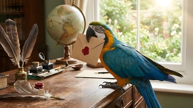 A colorful blue and yellow macaw parrot holds a wax-sealed envelope at a vintage writing desk.