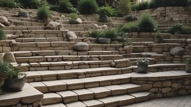 A beautifully crafted stone terrace surrounded by lush greenery