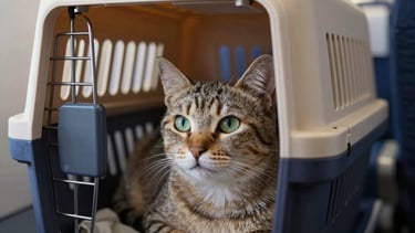 A calm cat resting in a high-quality, ventilated pet travel crate inside an airplane cabin, soft natural lighting, close-up eye-level.