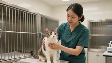 A clean, modern veterinary clinic quarantine room with a professional handler gently checking a healthy domestic cat, warm lighting.