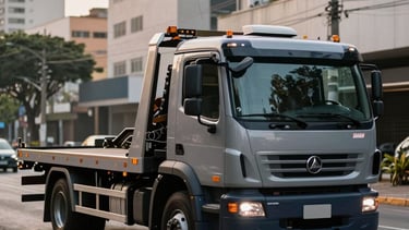 Professional photography of a premium flatbed tow truck with grey and dark blue branding, parked on a modern South American / Brazilian city street during early morning. The lighting is sharp and efficient, conveying reliability. The composition is clean, with the vehicle centered and out-of-focus urban architecture in the background.