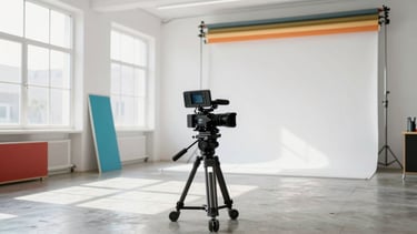 Bright sun-drenched creative studio space with white walls, polished concrete floors, active production equipment, camera on a gimbal, 35mm lens