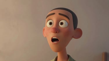Medium shot of a hand-drawn animated character mid-expression — wide eyes catching a moment of surprise, bold geometric line work, saturated color palette, clean even lighting, no gradients, the character occupies the center frame against a single-tone background that pops the silhouette