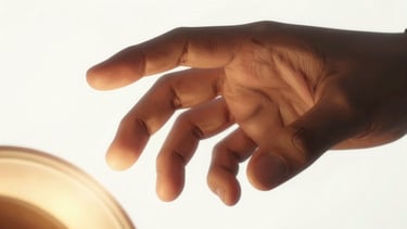 Close-up keyframe of an animated character's hand reaching toward a glowing object — detailed ink linework visible on fingers, warm amber light source from the object, clean white background. Emphasizes animation craft and hand-drawn linework detail.